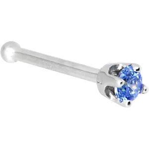 Solid 14KT White Gold 2mm Arctic Blue Cubic Zirconia Nose Ring