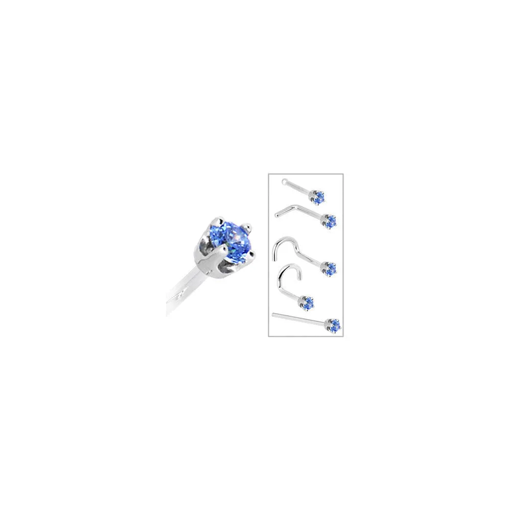 Solid 14KT White Gold 2mm Arctic Blue Cubic Zirconia Nose Ring