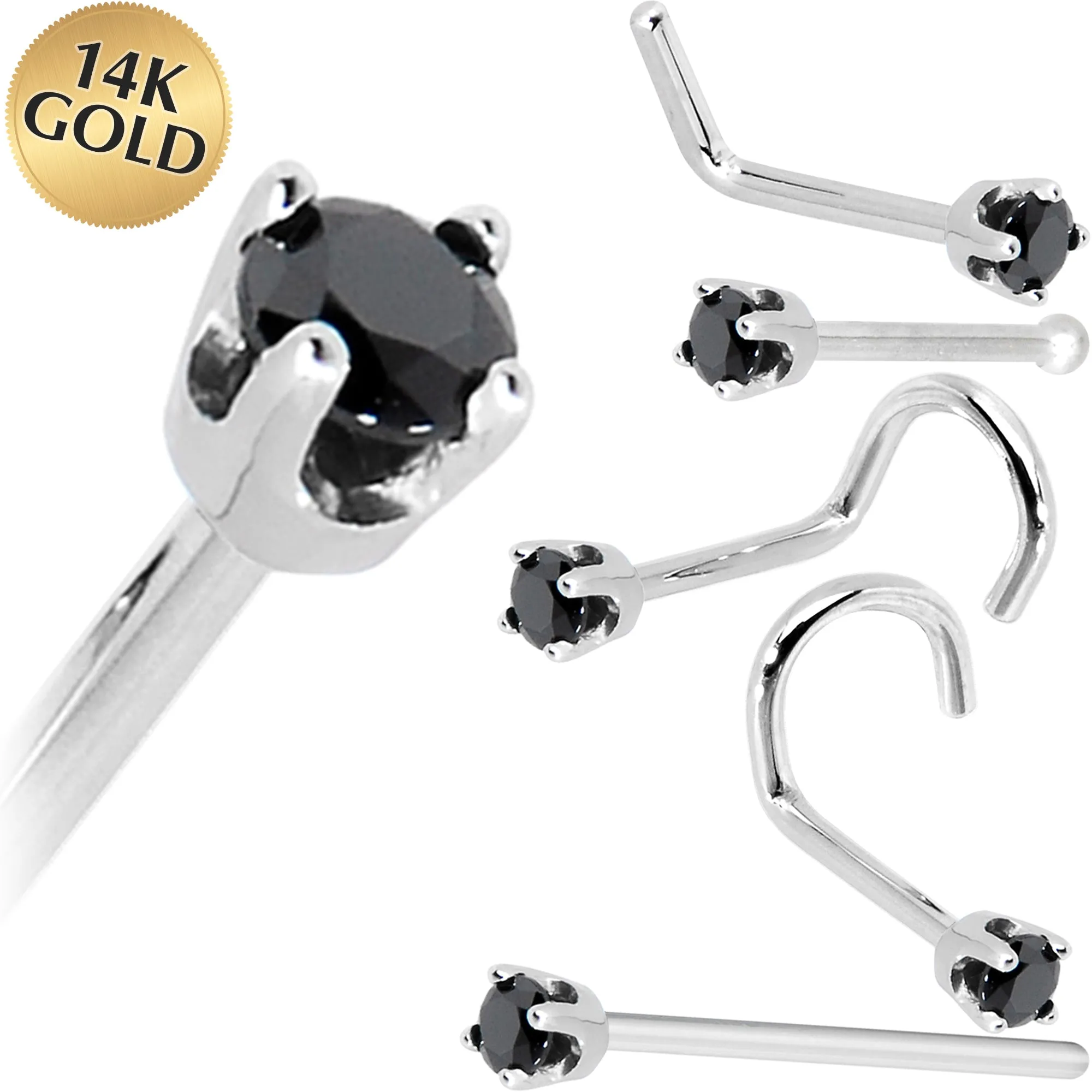 Solid 14KT White Gold 2mm Black Cubic Zirconia Nose Ring