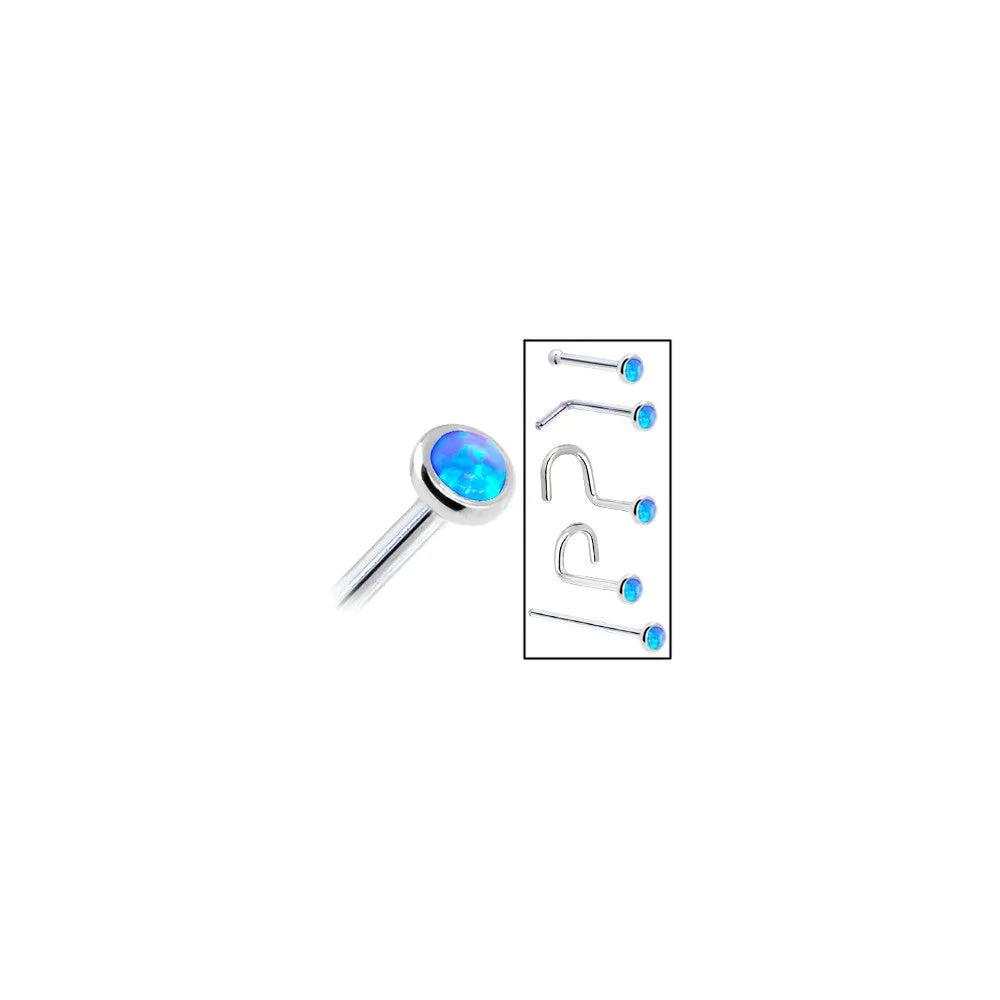 Solid 14KT White Gold 2mm Blue Synthetic Opal Nose Ring
