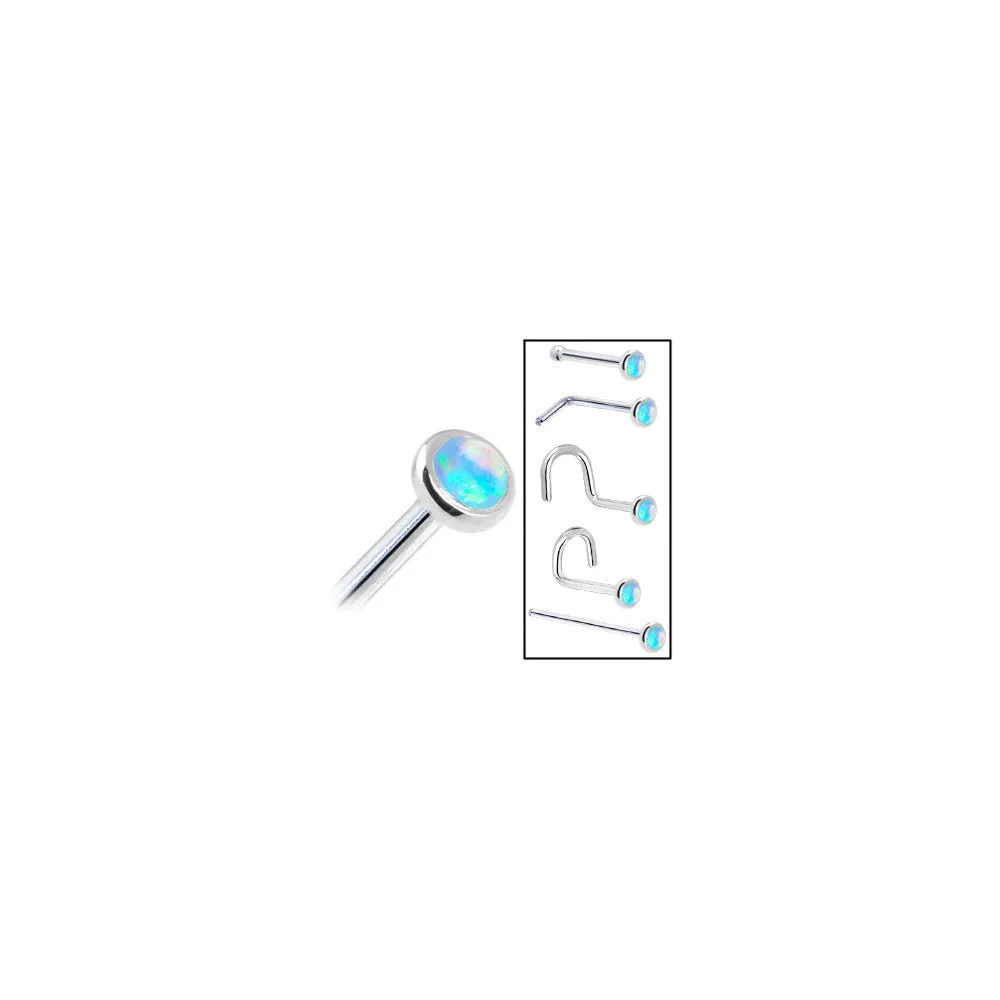 Solid 14KT White Gold 2mm Light Blue Synthetic Opal Nose Ring