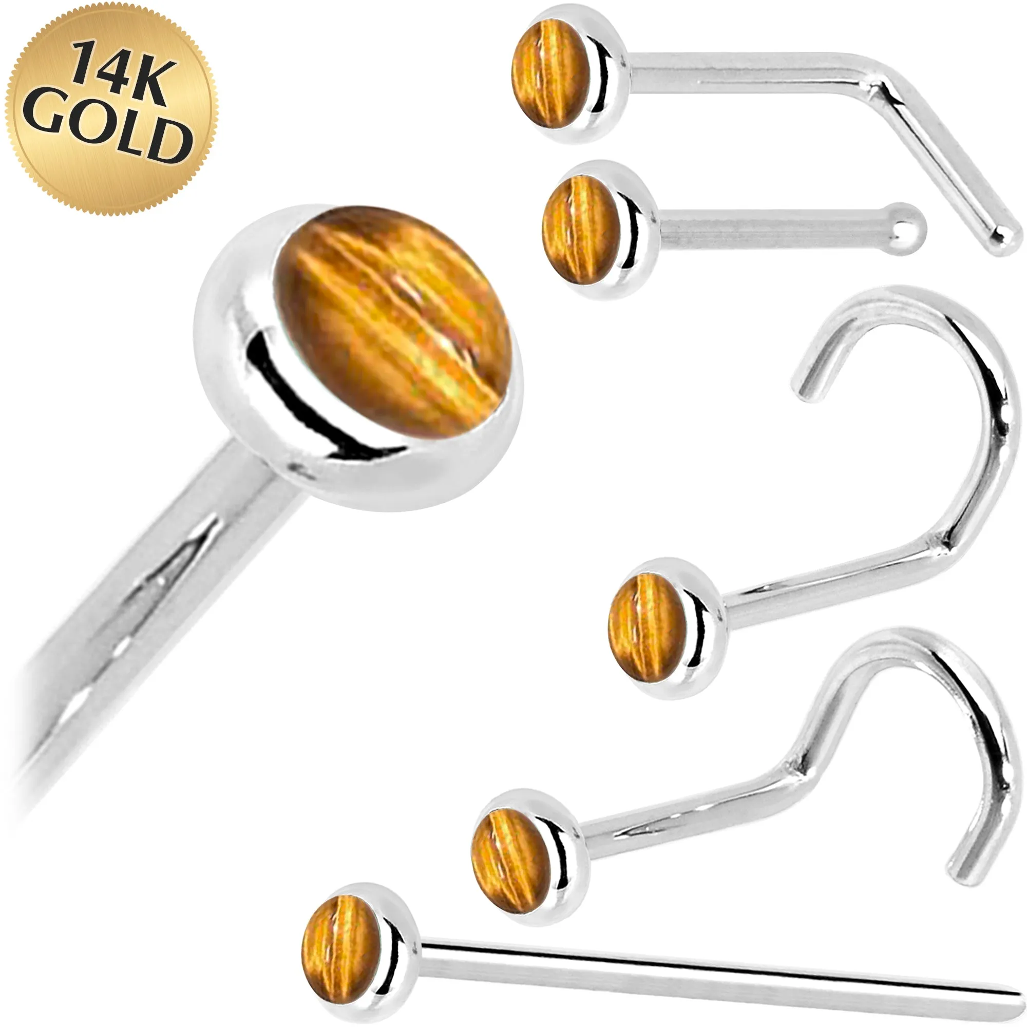Solid 14KT White Gold 2mm Tiger Eye Nose Ring