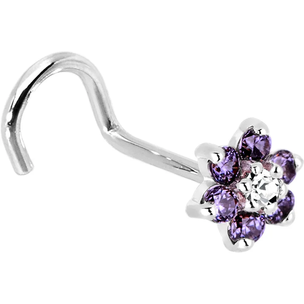 Solid 14KT White Gold Amethyst and Clear Cubic Zirconia Flower Nose Ring