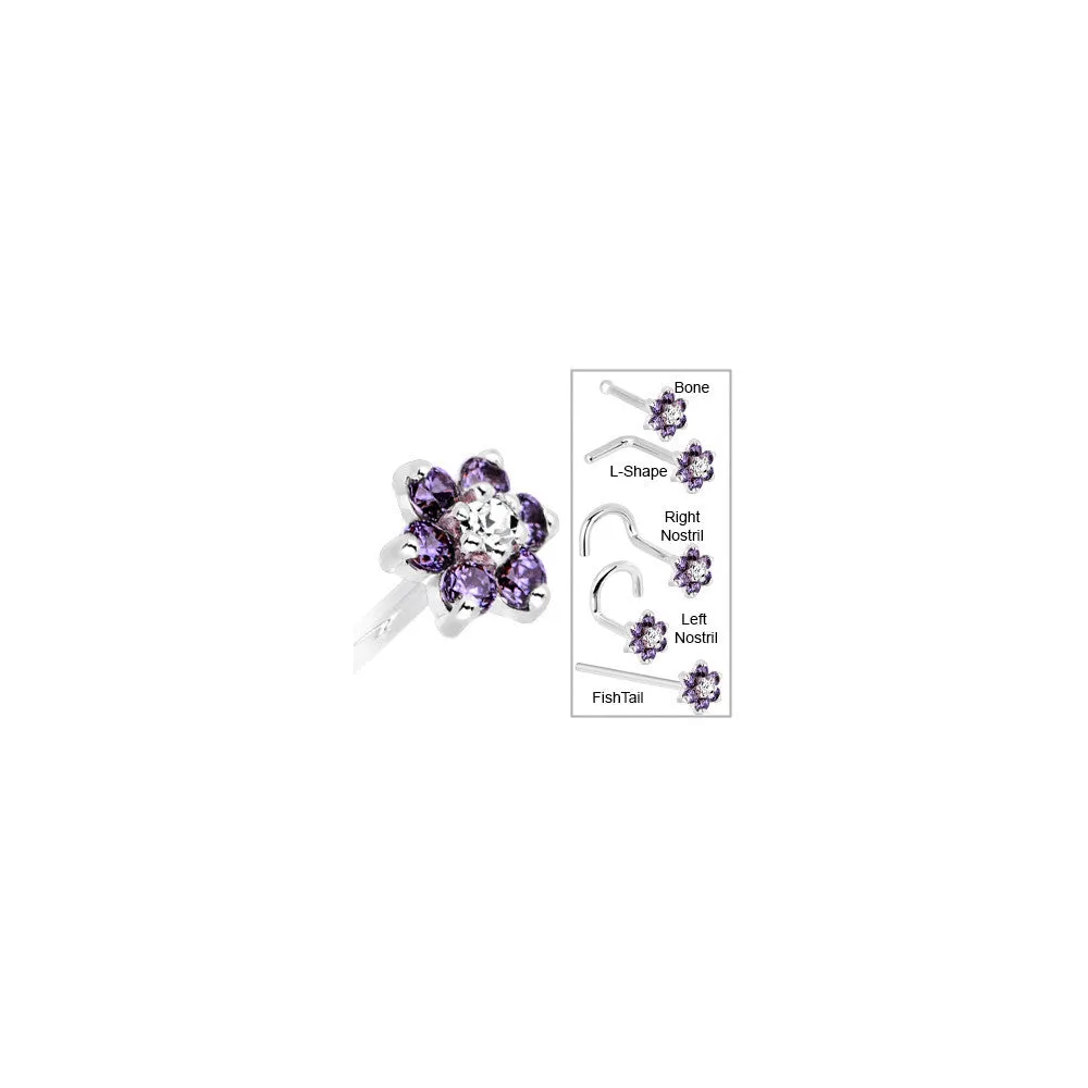 Solid 14KT White Gold Amethyst and Clear Cubic Zirconia Flower Nose Ring