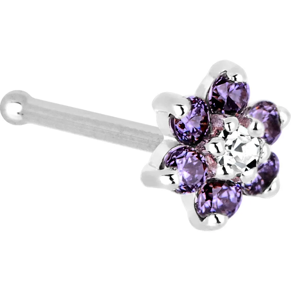 Solid 14KT White Gold Amethyst and Clear Cubic Zirconia Flower Nose Ring