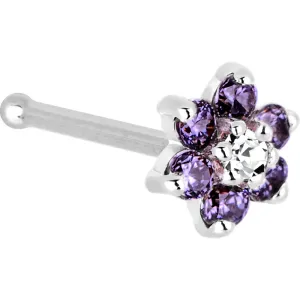 Solid 14KT White Gold Amethyst and Clear Cubic Zirconia Flower Nose Ring