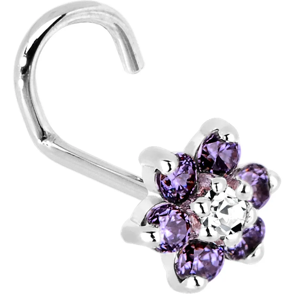 Solid 14KT White Gold Amethyst and Clear Cubic Zirconia Flower Nose Ring