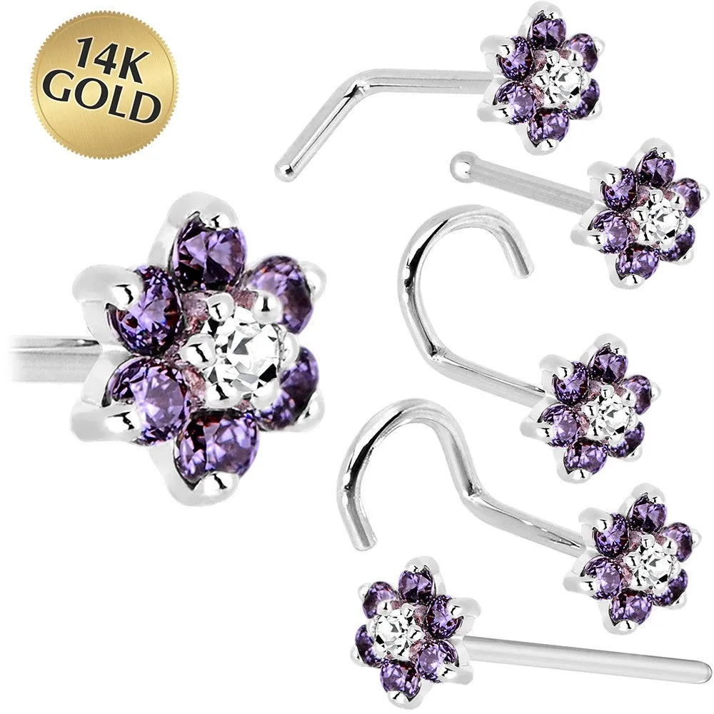 Solid 14KT White Gold Amethyst and Clear Cubic Zirconia Flower Nose Ring
