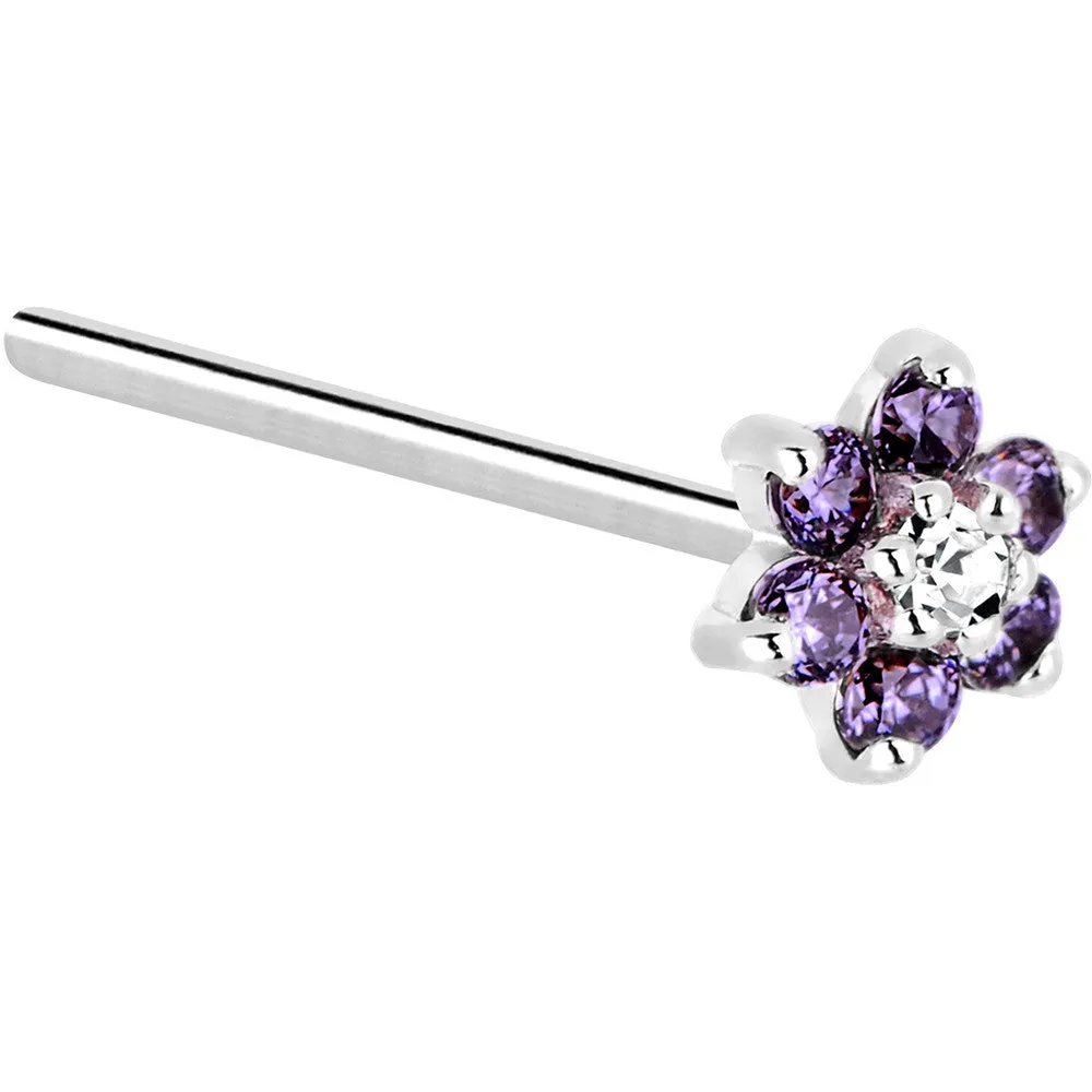 Solid 14KT White Gold Amethyst and Clear Cubic Zirconia Flower Nose Ring