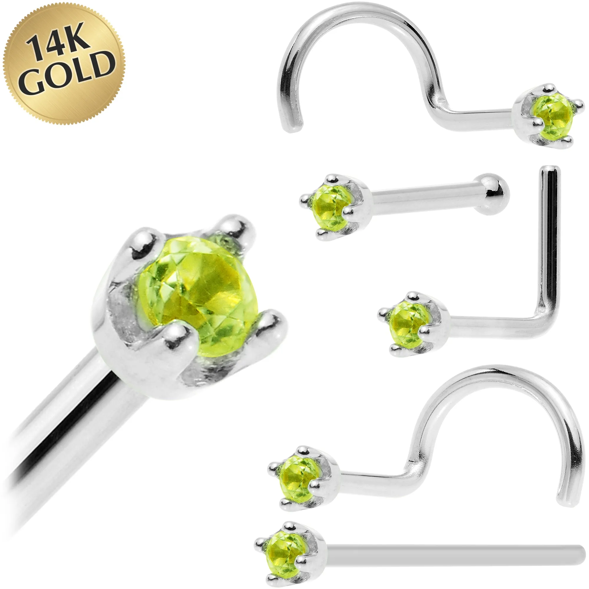 Solid 14KT White Gold (August) 1.5mm Genuine Peridot Nose Ring
