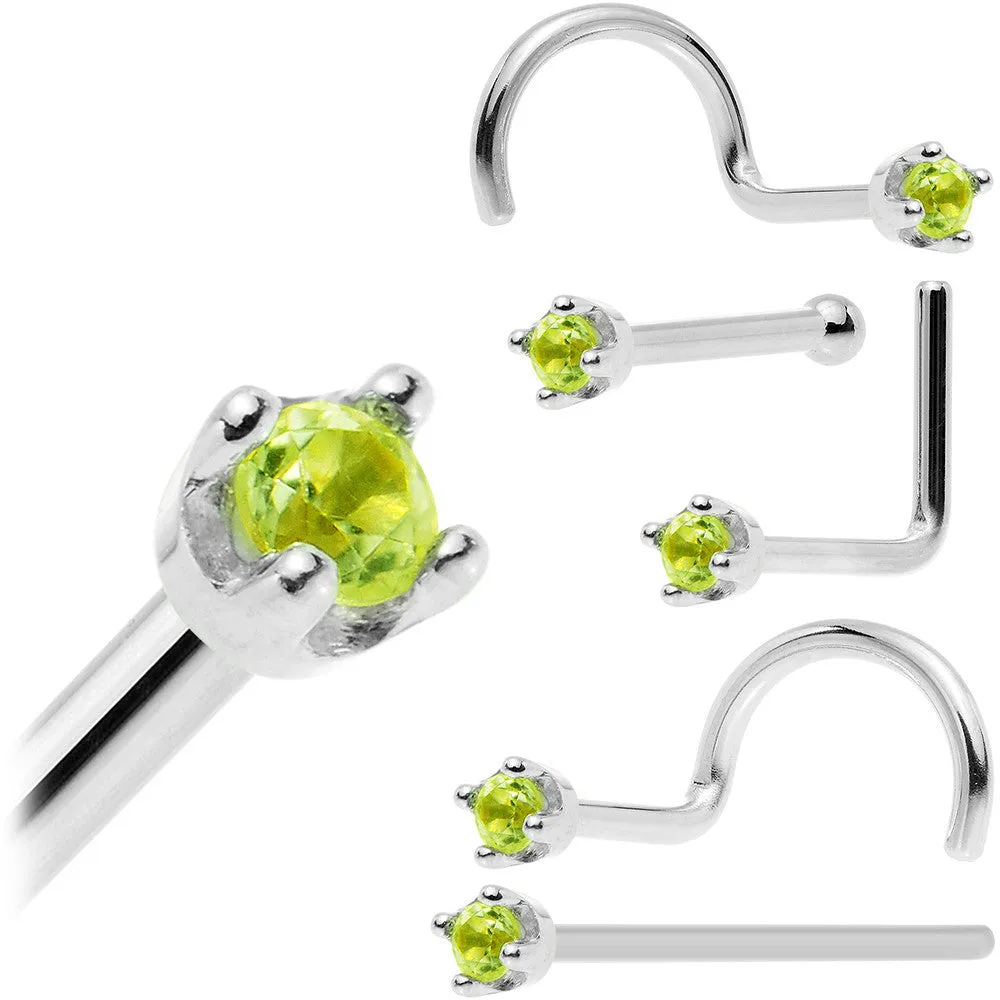 Solid 14KT White Gold (August) 1.5mm Genuine Peridot Nose Ring