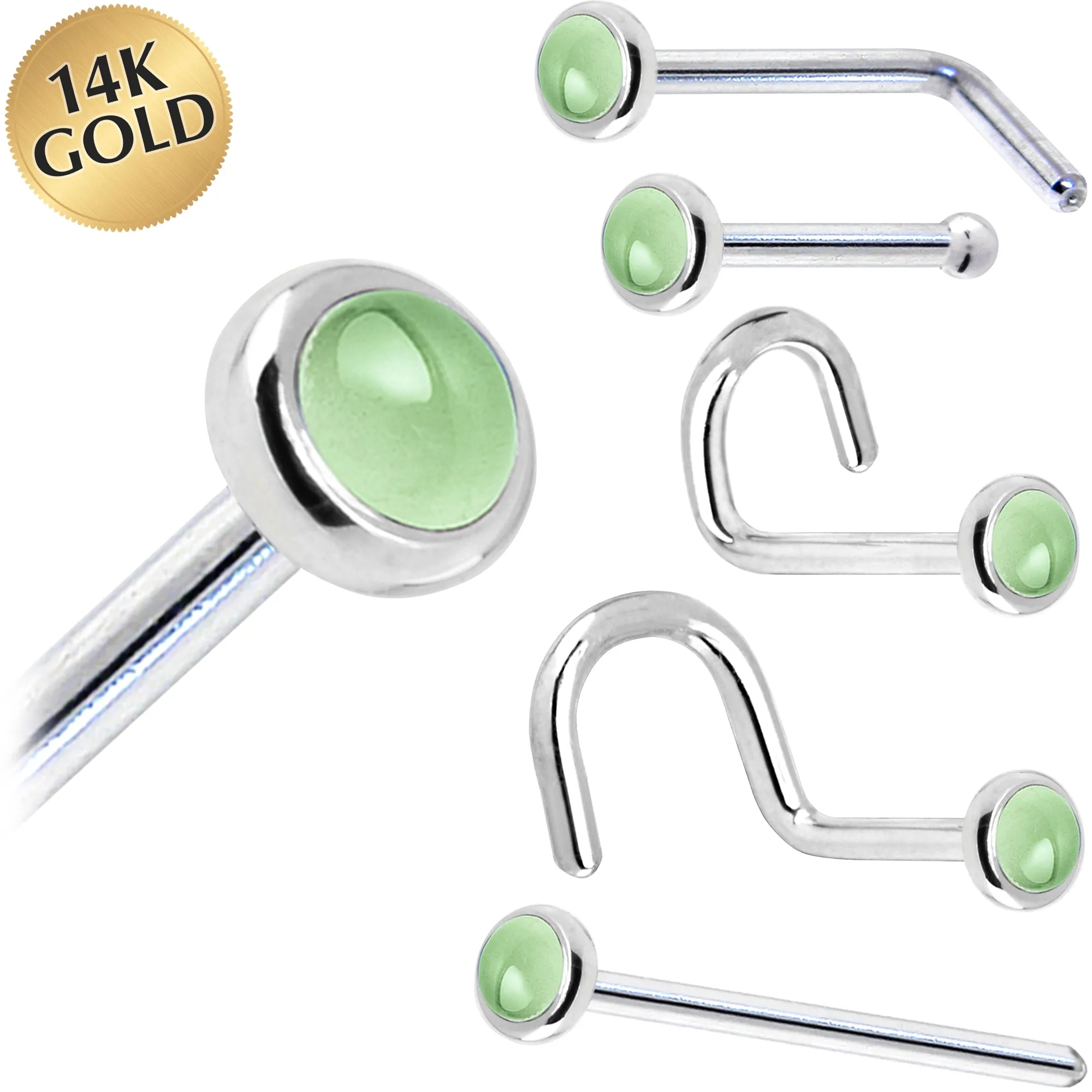 Solid 14KT White Gold (August) 2mm Genuine Peridot Nose Ring