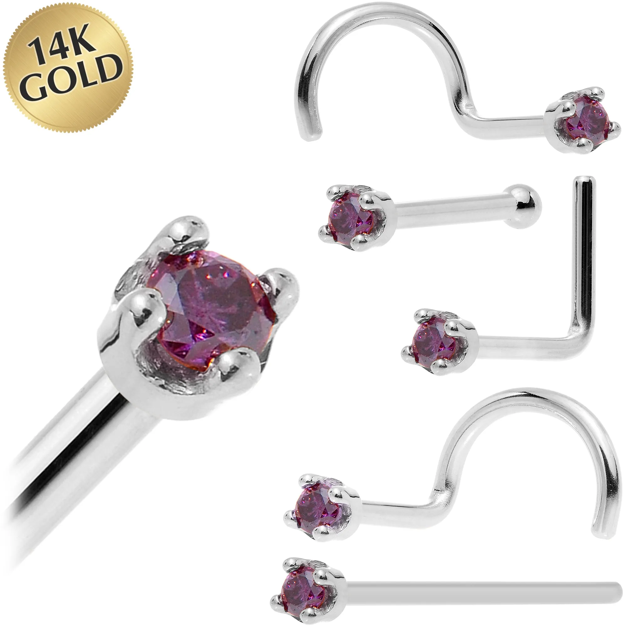 Solid 14KT White Gold (February) 1.5mm Genuine Purple Diamond Nose Ring