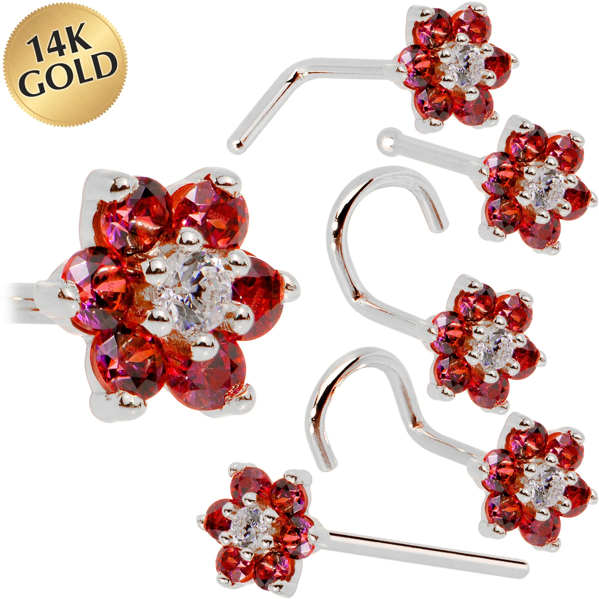 Solid 14KT White Gold Red and Clear Cubic Zirconia Flower Nose Ring