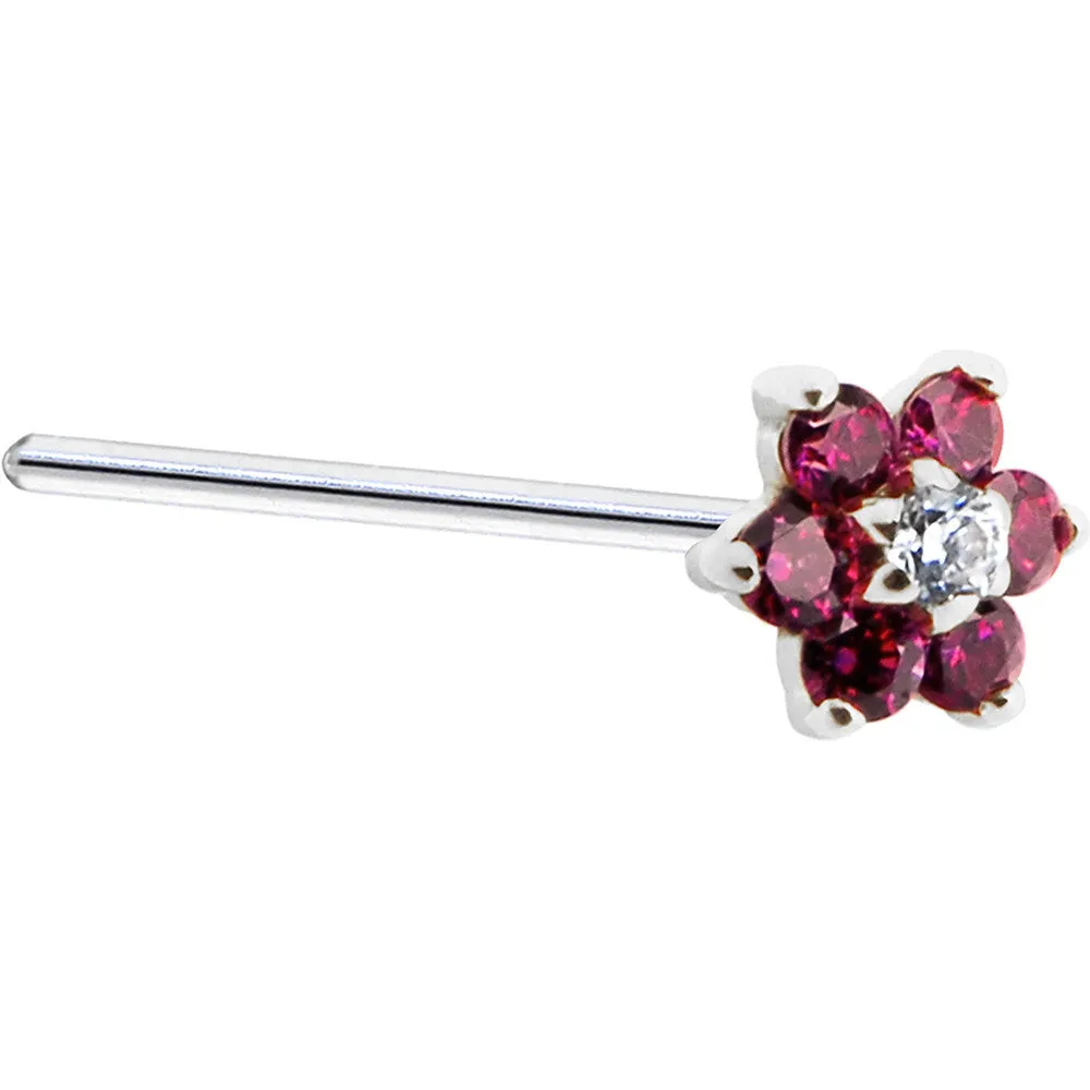 Solid 14KT White Gold Red and Clear Cubic Zirconia Flower Nose Ring