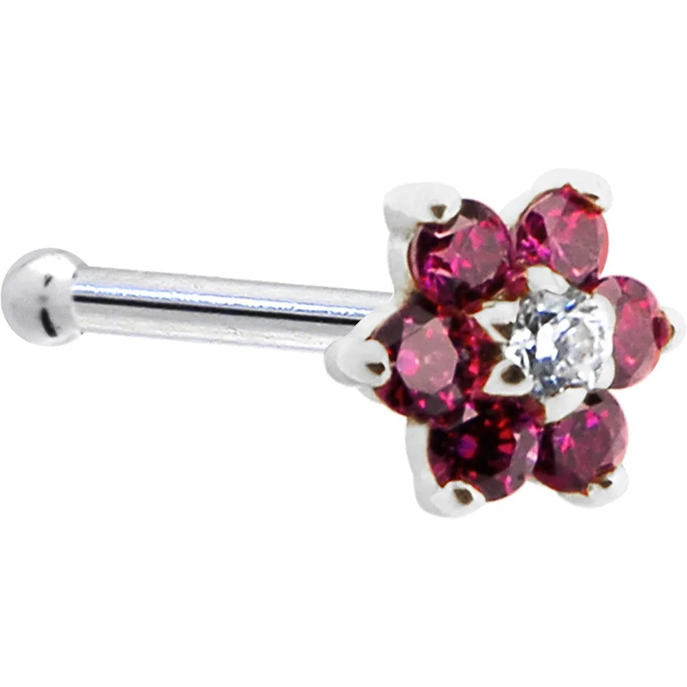 Solid 14KT White Gold Red and Clear Cubic Zirconia Flower Nose Ring