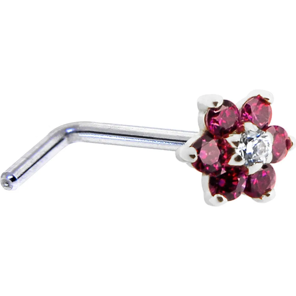 Solid 14KT White Gold Red and Clear Cubic Zirconia Flower Nose Ring