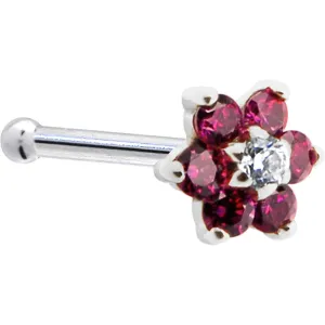 Solid 14KT White Gold Red and Clear Cubic Zirconia Flower Nose Ring