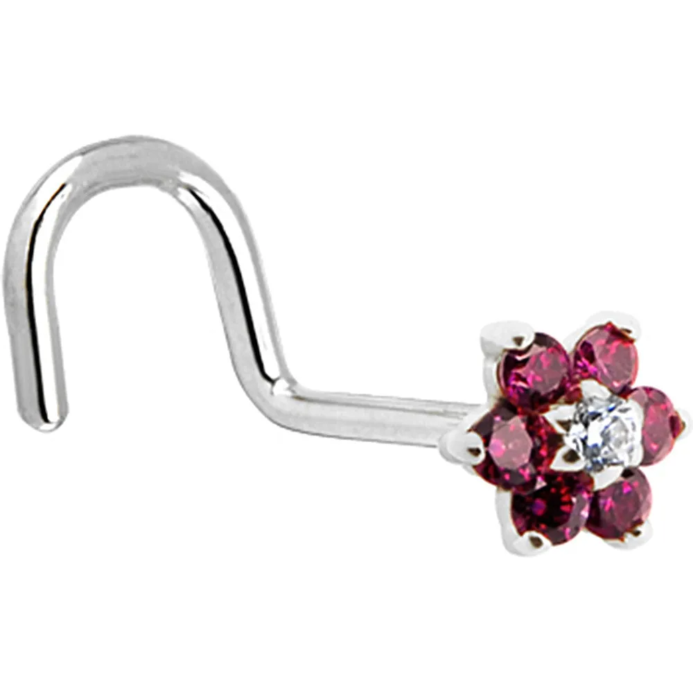 Solid 14KT White Gold Red and Clear Cubic Zirconia Flower Nose Ring