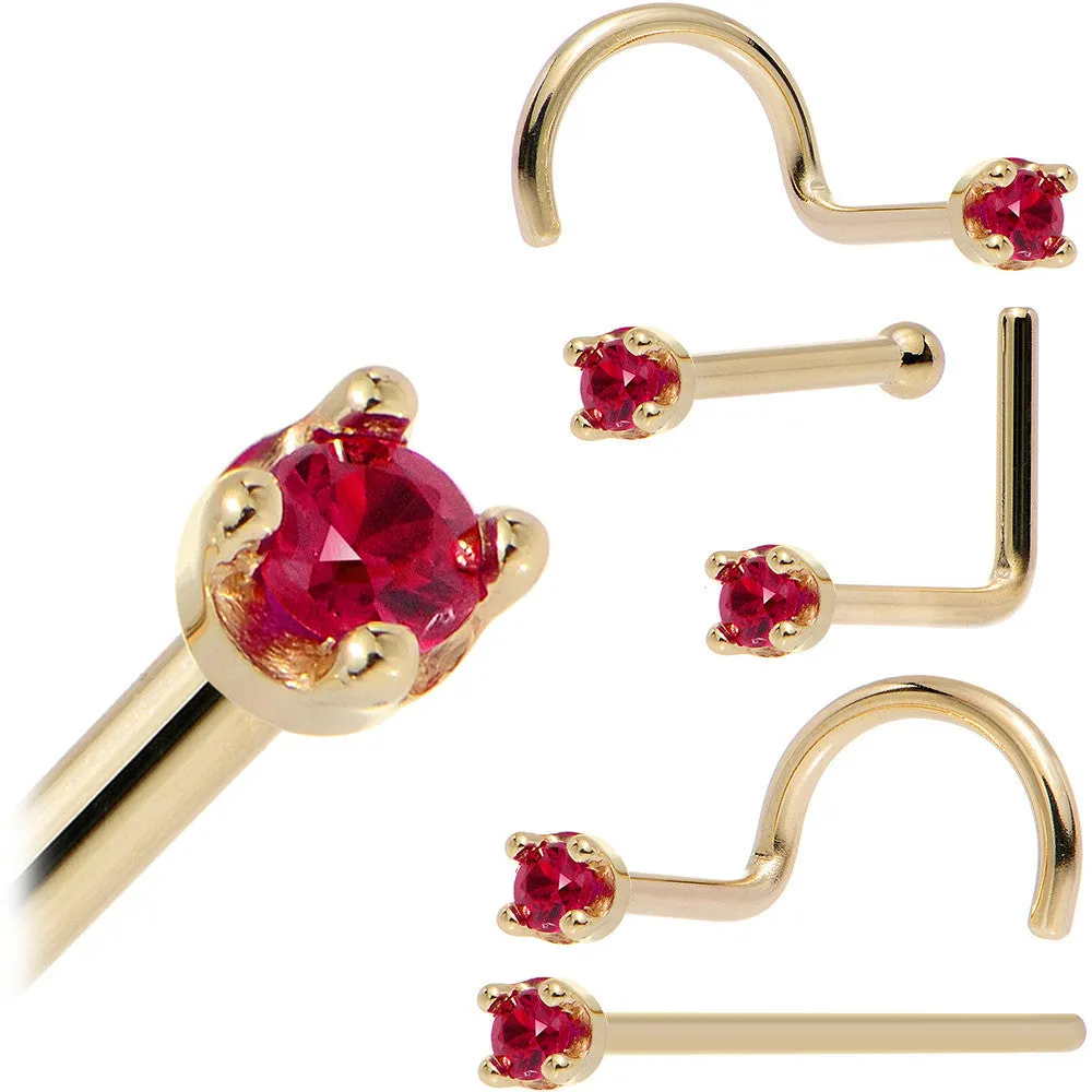 Solid 14KT Yellow Gold 1.5mm Diamond Cut Genuine Ruby Nose Ring
