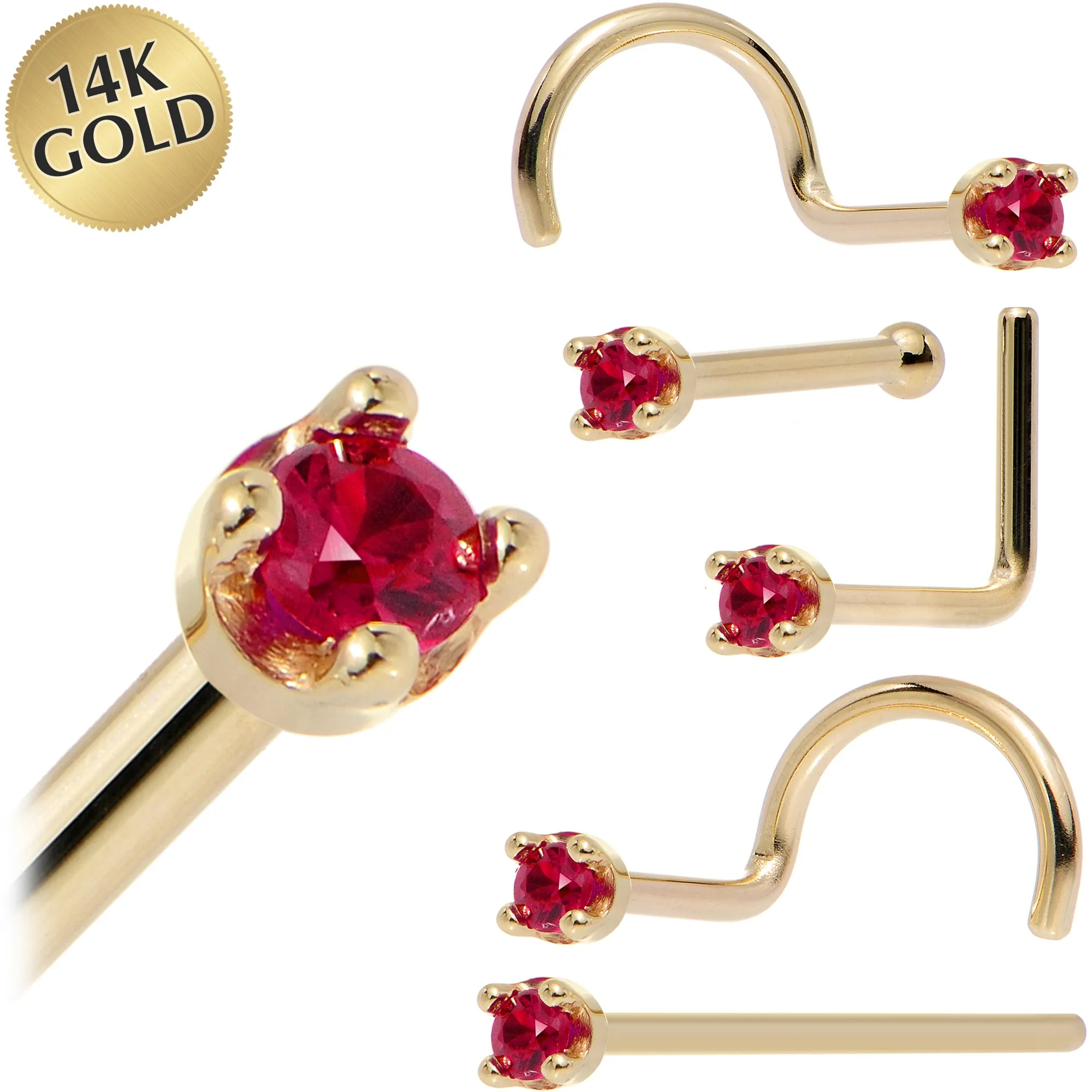 Solid 14KT Yellow Gold 1.5mm Diamond Cut Genuine Ruby Nose Ring