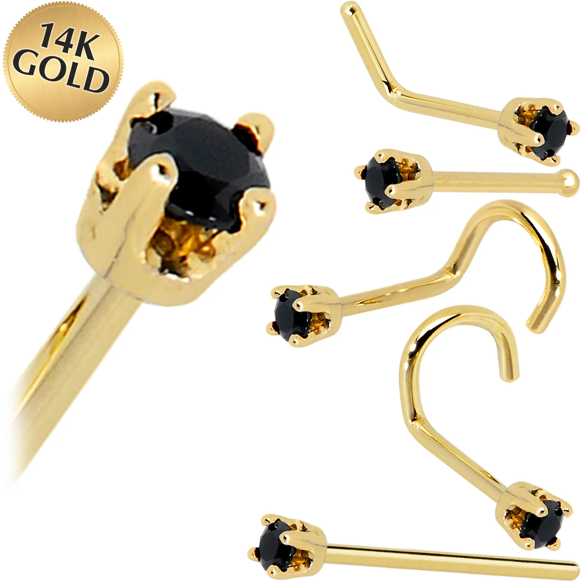Solid 14KT Yellow Gold 2mm Black Cubic Zirconia Nose Ring