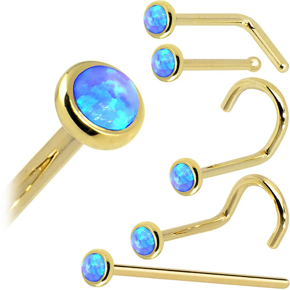 Solid 14KT Yellow Gold 2mm Blue Synthetic Opal Nose Ring