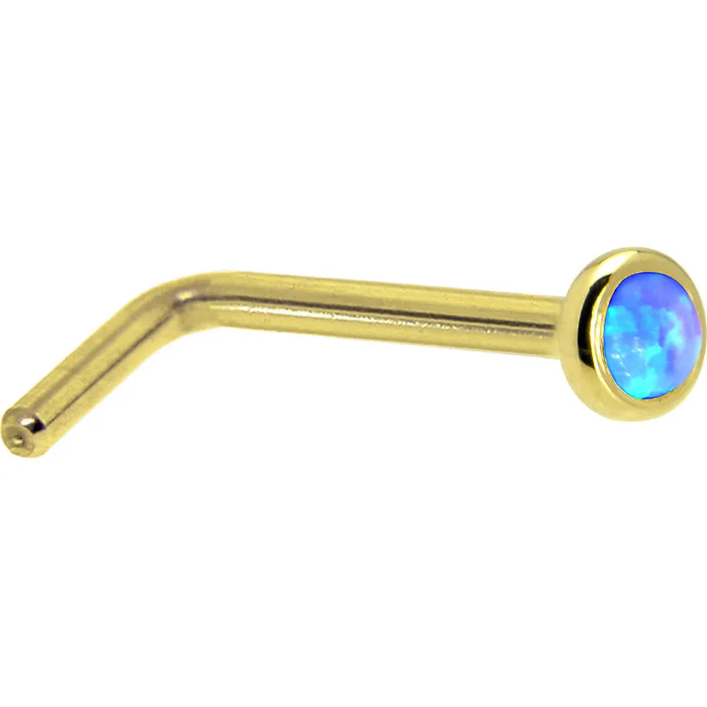 Solid 14KT Yellow Gold 2mm Blue Synthetic Opal Nose Ring