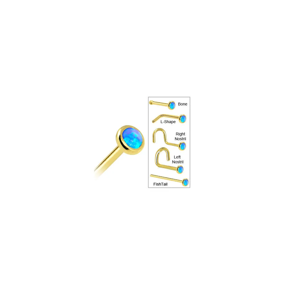 Solid 14KT Yellow Gold 2mm Blue Synthetic Opal Nose Ring