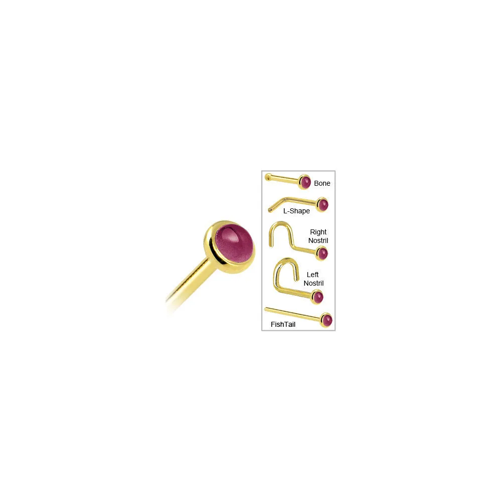 Solid 14KT Yellow Gold 2mm Genuine Raspberry Rhodolite Garnet Nose Ring