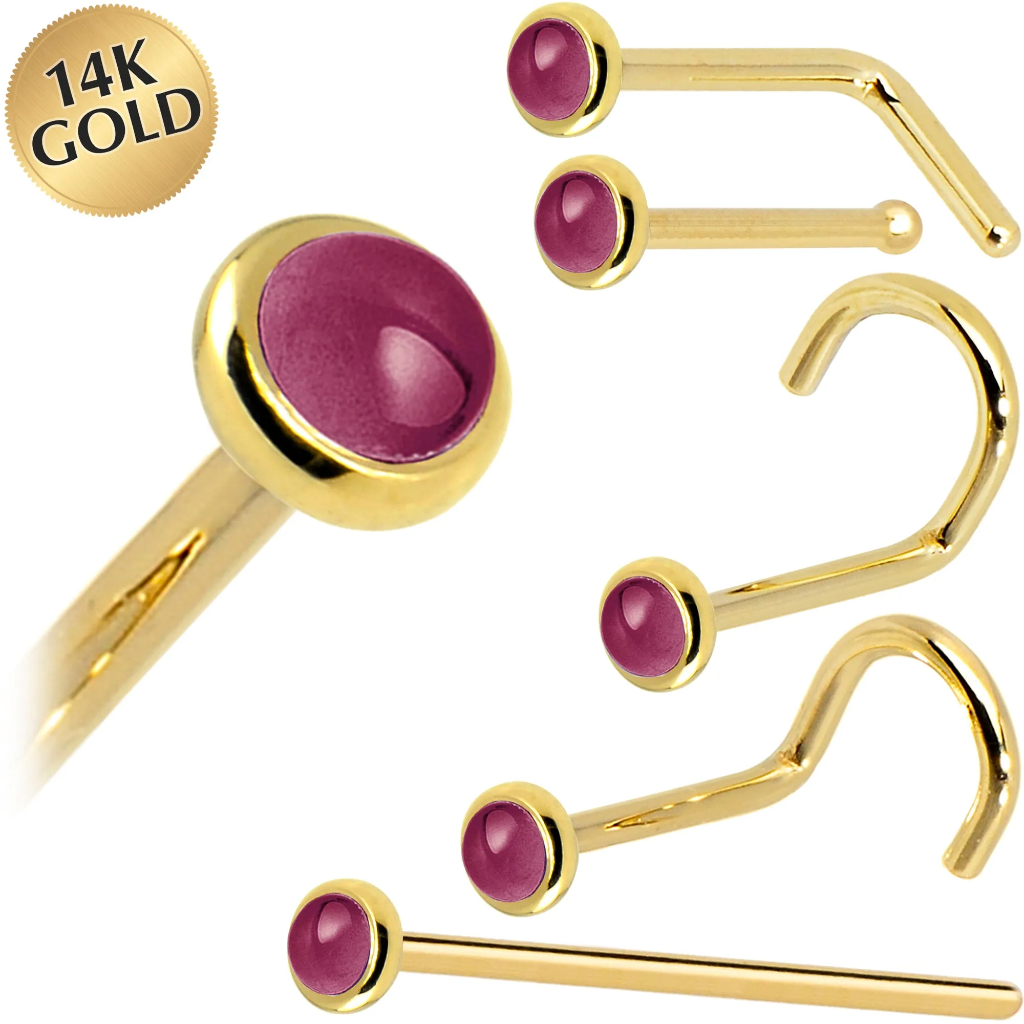 Solid 14KT Yellow Gold 2mm Genuine Raspberry Rhodolite Garnet Nose Ring