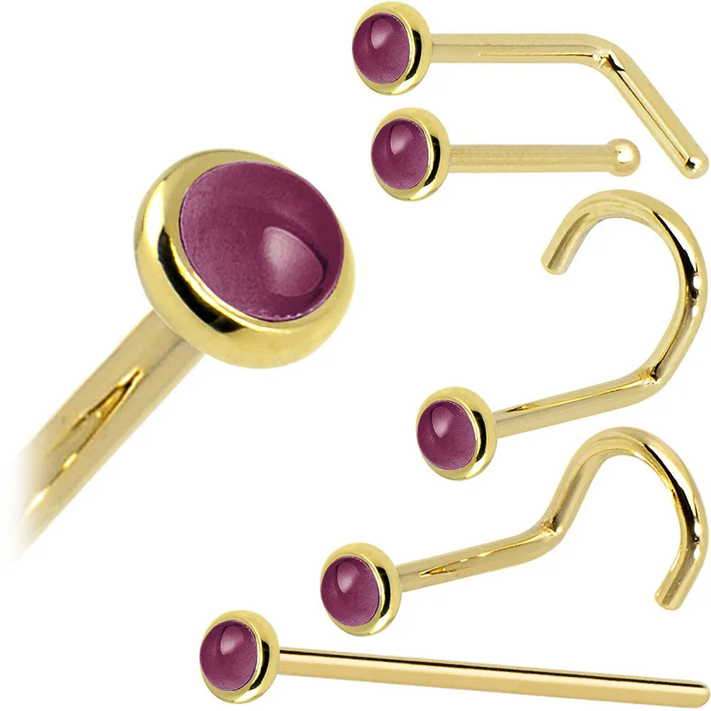 Solid 14KT Yellow Gold 2mm Genuine Raspberry Rhodolite Garnet Nose Ring