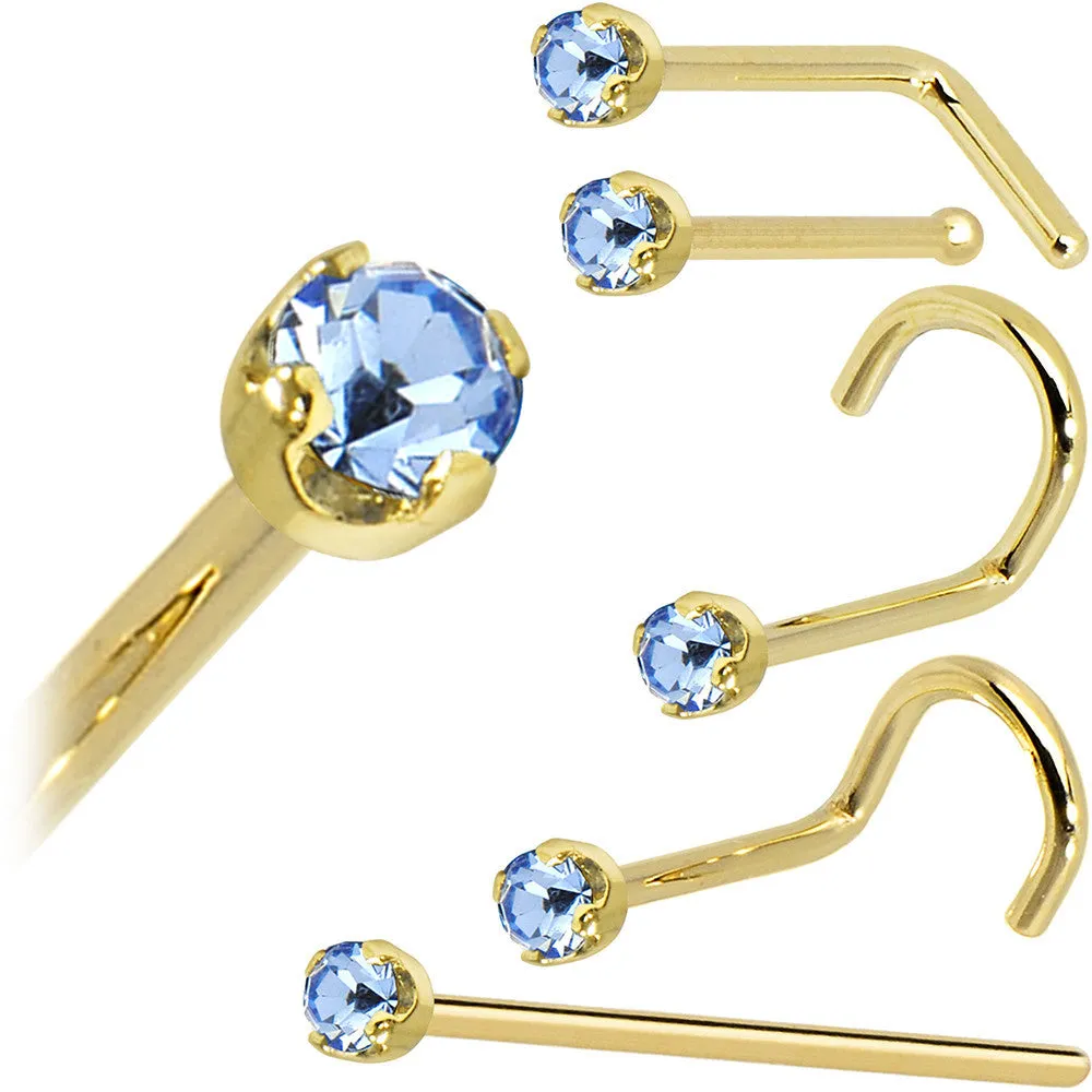 Solid 14KT Yellow Gold 2mm Light Blue Cubic Zirconia Nose Ring