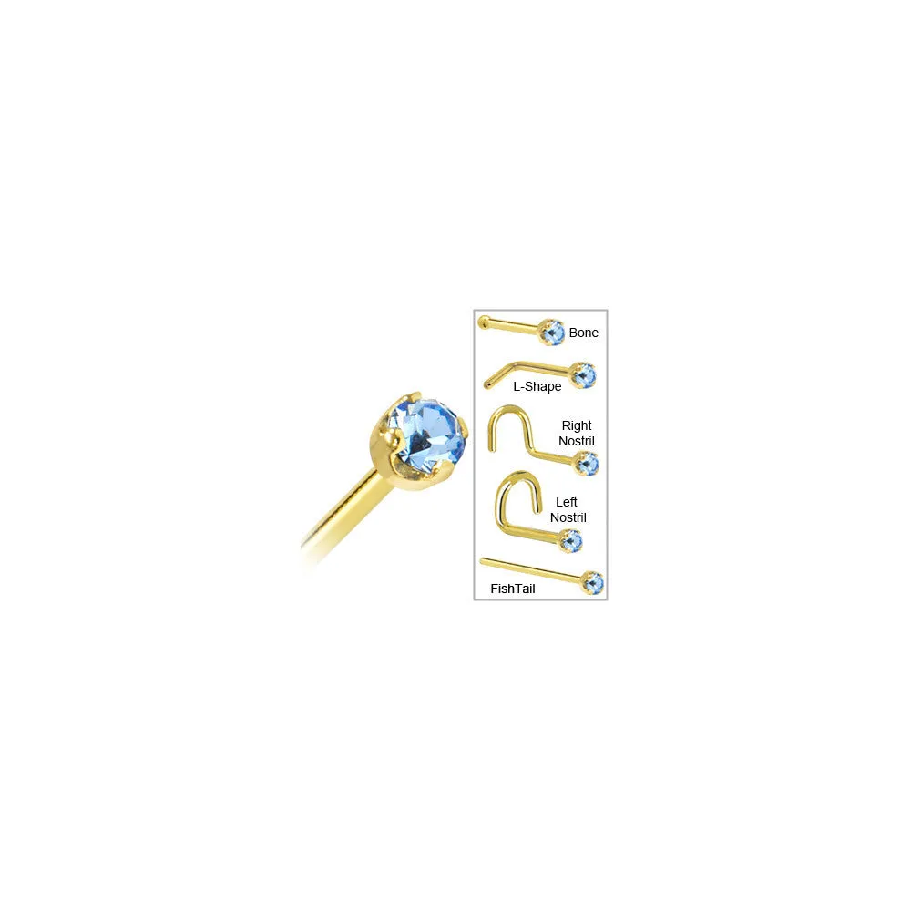 Solid 14KT Yellow Gold 2mm Light Blue Cubic Zirconia Nose Ring