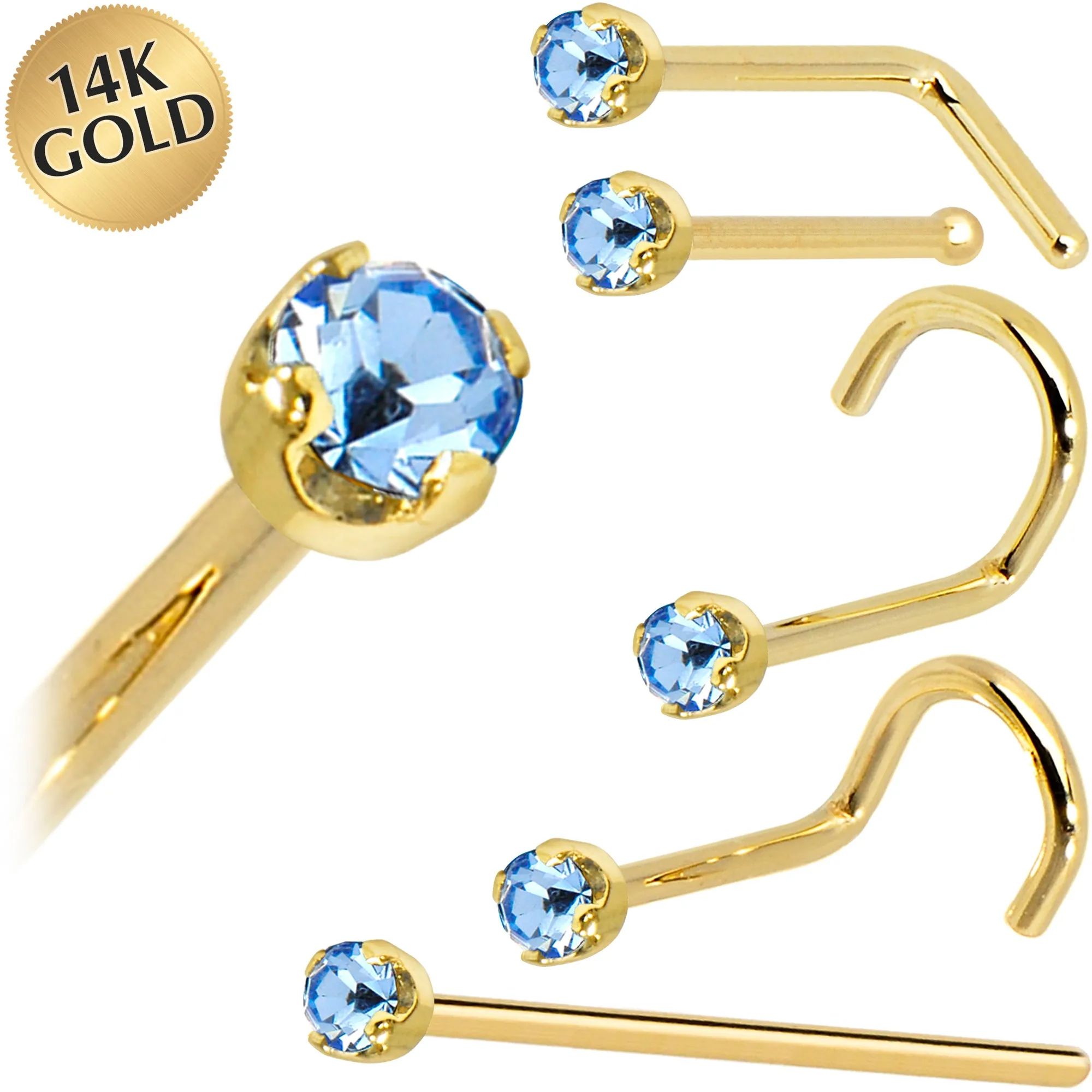 Solid 14KT Yellow Gold 2mm Light Blue Cubic Zirconia Nose Ring