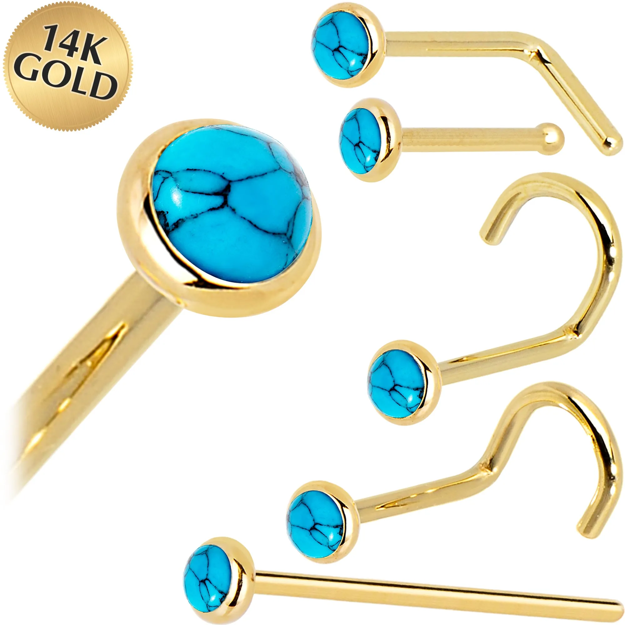 Solid 14KT Yellow Gold 2mm Turquoise Nose Ring