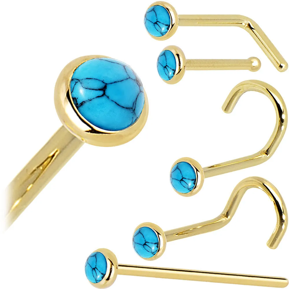 Solid 14KT Yellow Gold 2mm Turquoise Nose Ring
