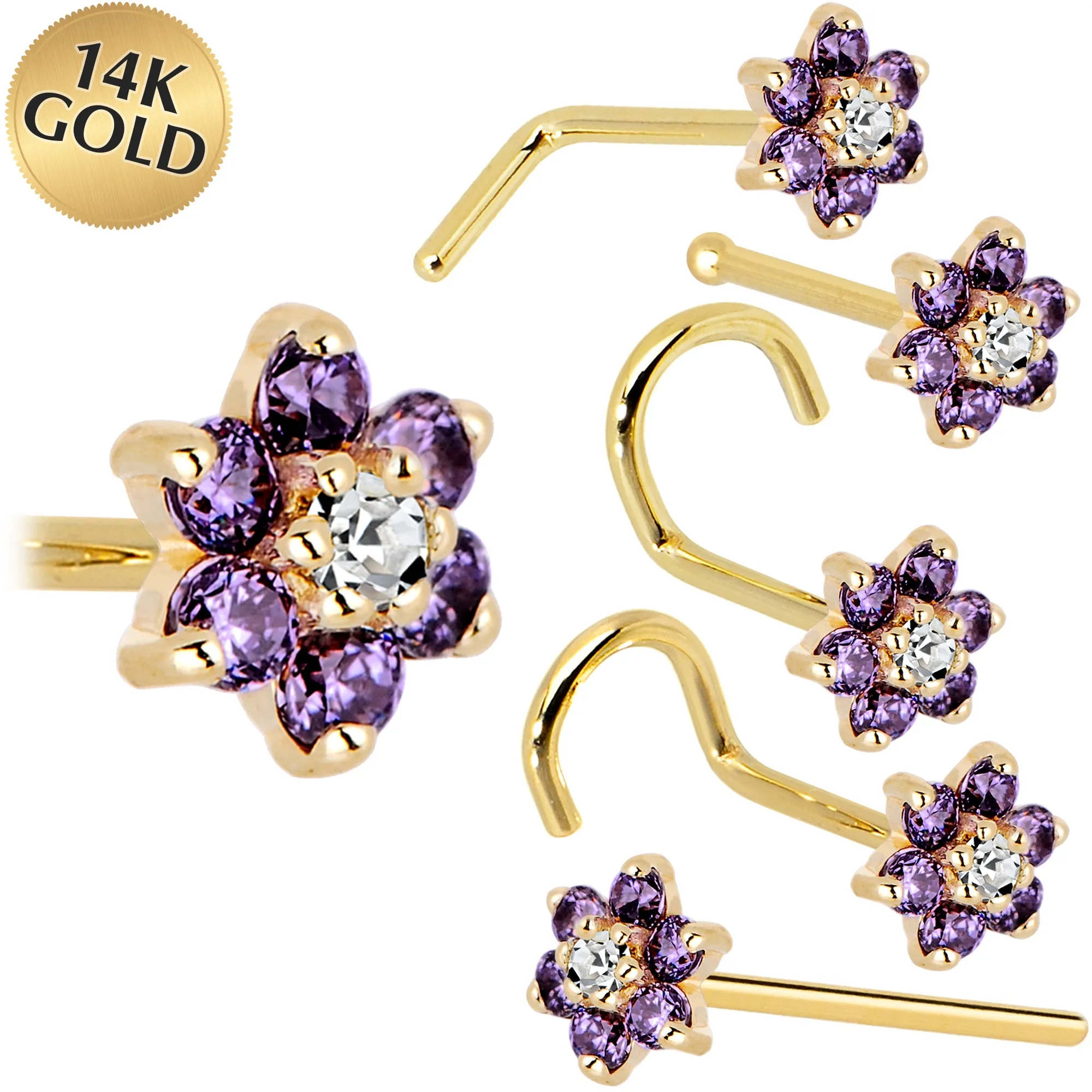 Solid 14KT Yellow Gold Amethyst and Clear Cubic Zirconia Flower Nose Ring
