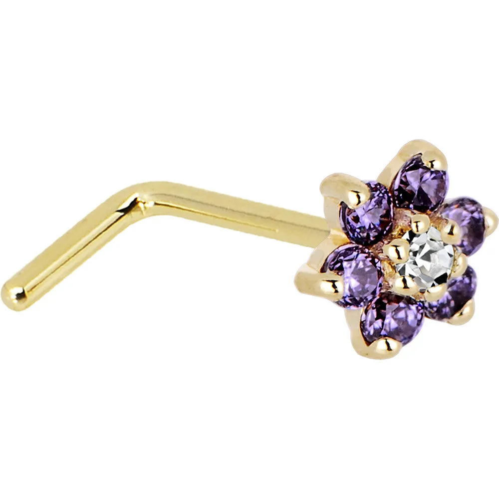 Solid 14KT Yellow Gold Amethyst and Clear Cubic Zirconia Flower Nose Ring