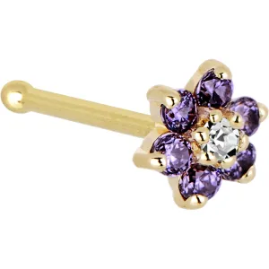 Solid 14KT Yellow Gold Amethyst and Clear Cubic Zirconia Flower Nose Ring