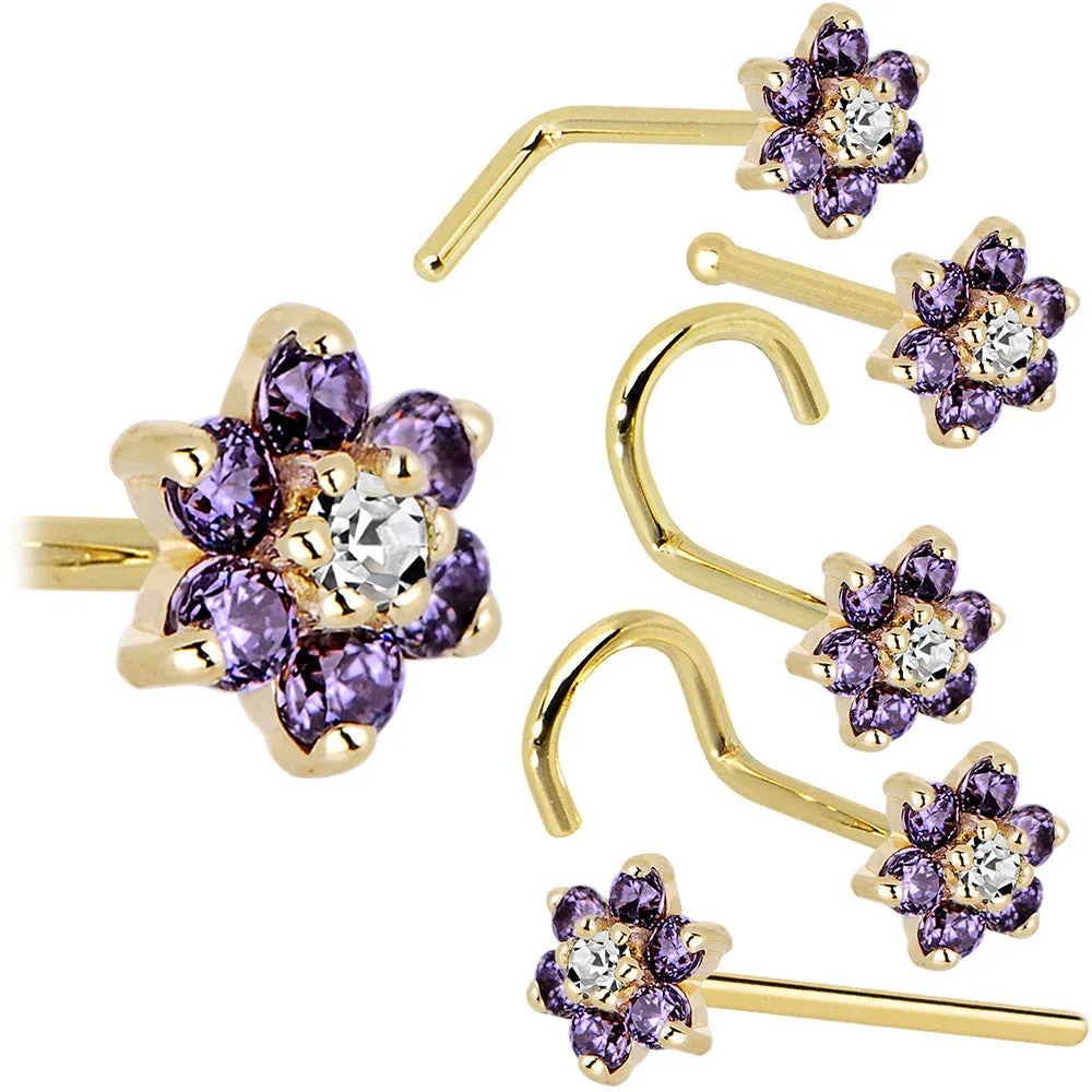 Solid 14KT Yellow Gold Amethyst and Clear Cubic Zirconia Flower Nose Ring