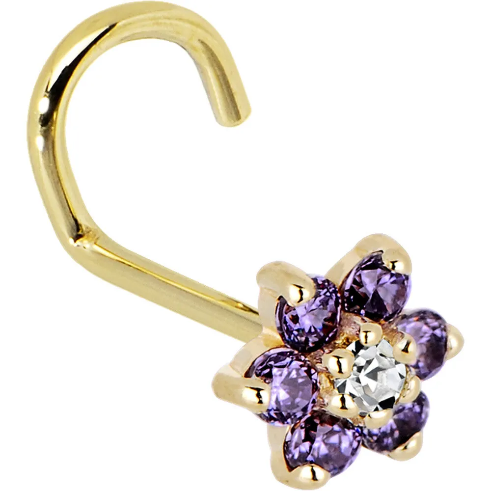 Solid 14KT Yellow Gold Amethyst and Clear Cubic Zirconia Flower Nose Ring