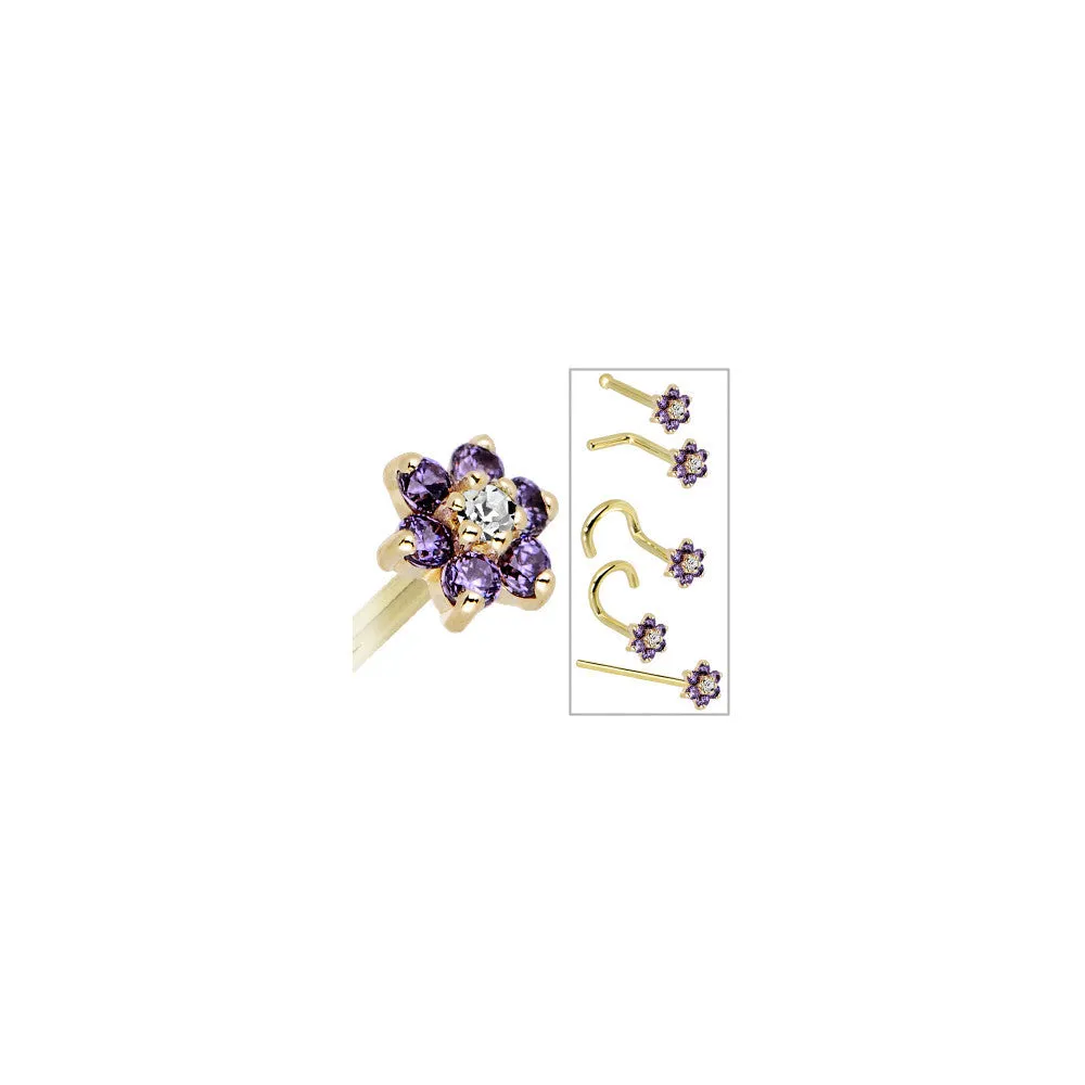 Solid 14KT Yellow Gold Amethyst and Clear Cubic Zirconia Flower Nose Ring