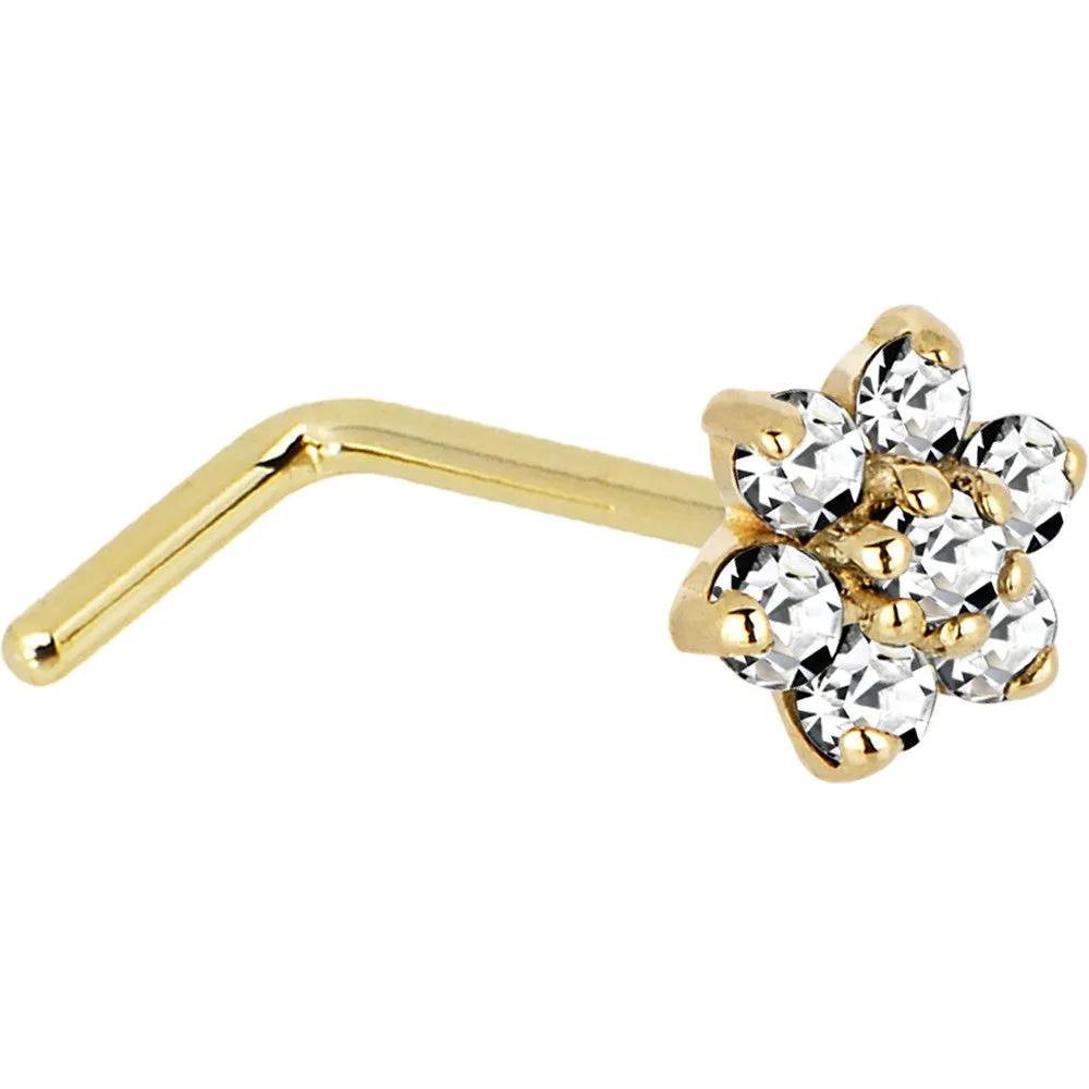 Solid 14KT Yellow Gold Clear Cubic Zirconia Flower Nose Ring