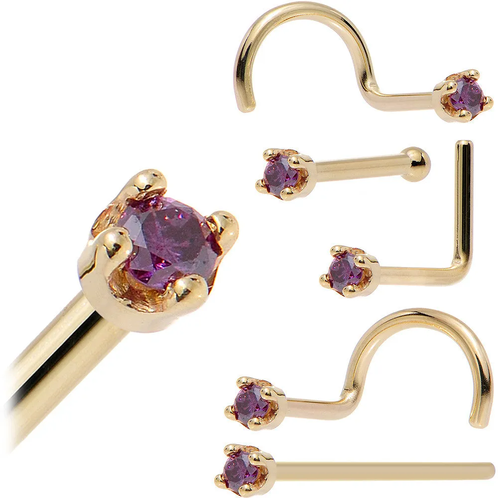 Solid 14KT Yellow Gold (February) 1.5mm Genuine Purple Diamond Nose Ring