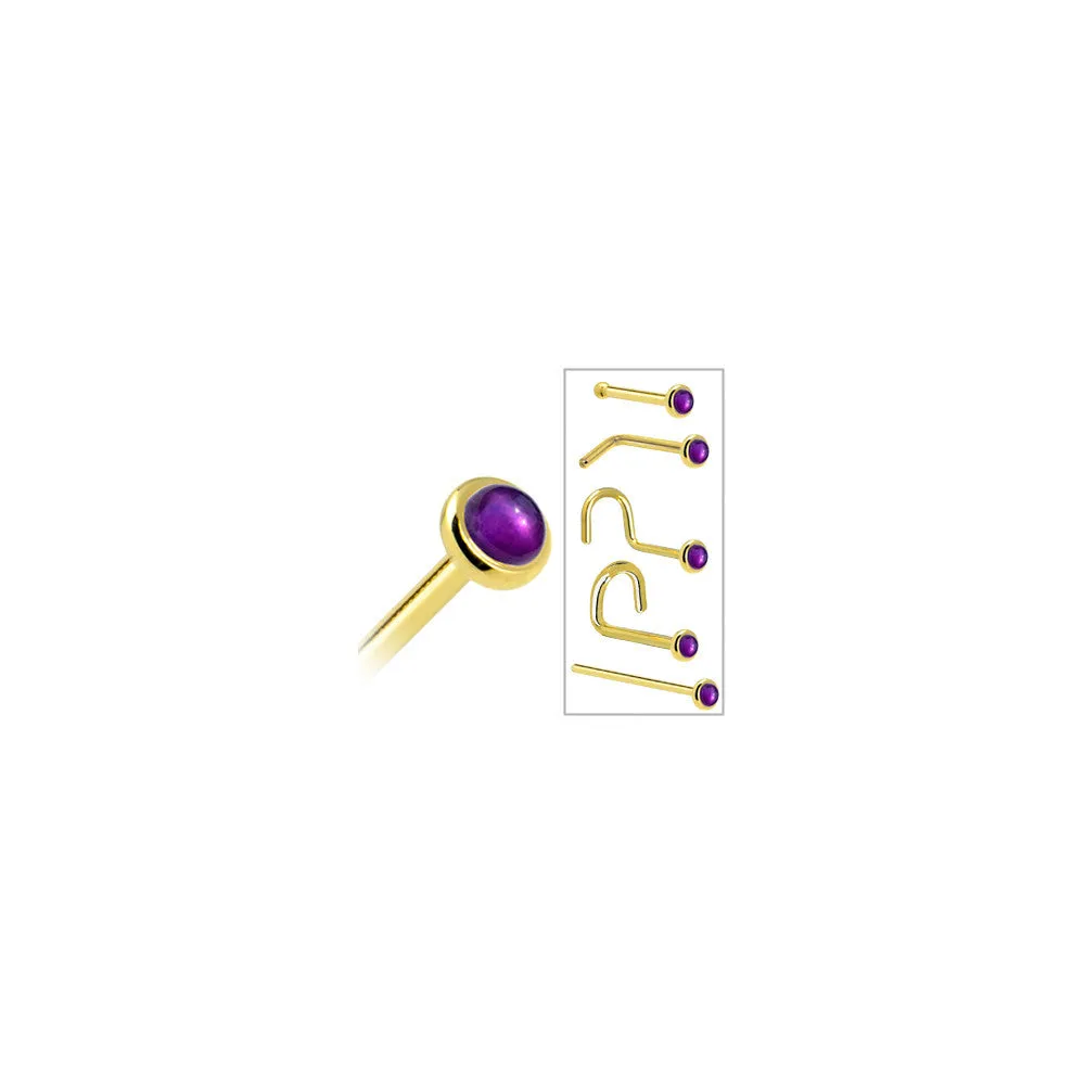 Solid 14KT Yellow Gold (February) 2mm Genuine Amethyst Nose Ring