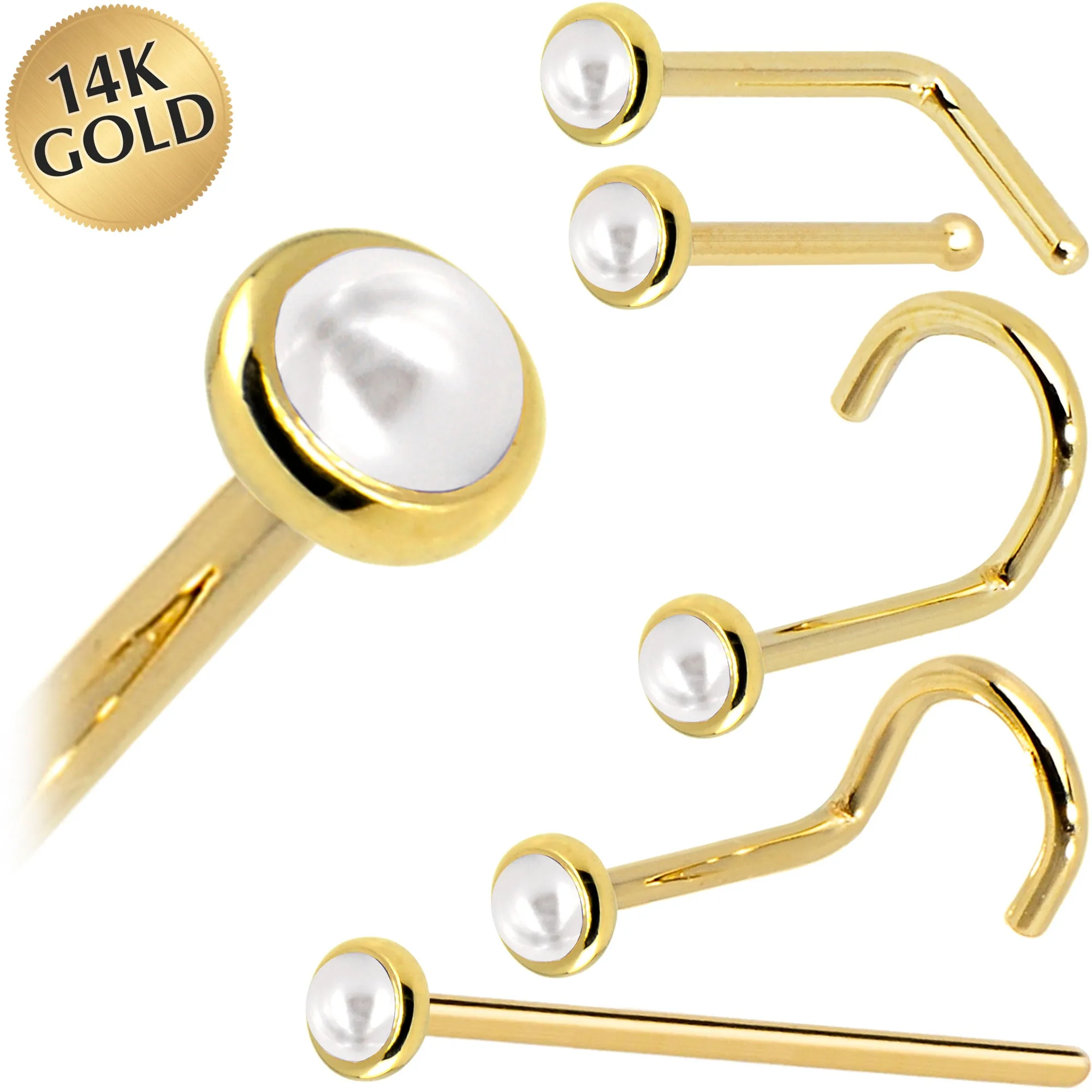 Solid 14KT Yellow Gold  (June) 2mm Cultured Pearl Nose Ring