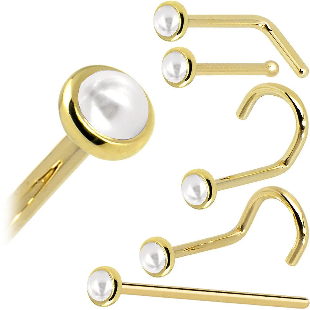 Solid 14KT Yellow Gold  (June) 2mm Cultured Pearl Nose Ring