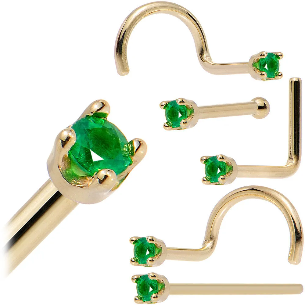 Solid 14KT Yellow Gold (May) 1.5mm Genuine Emerald Nose Ring