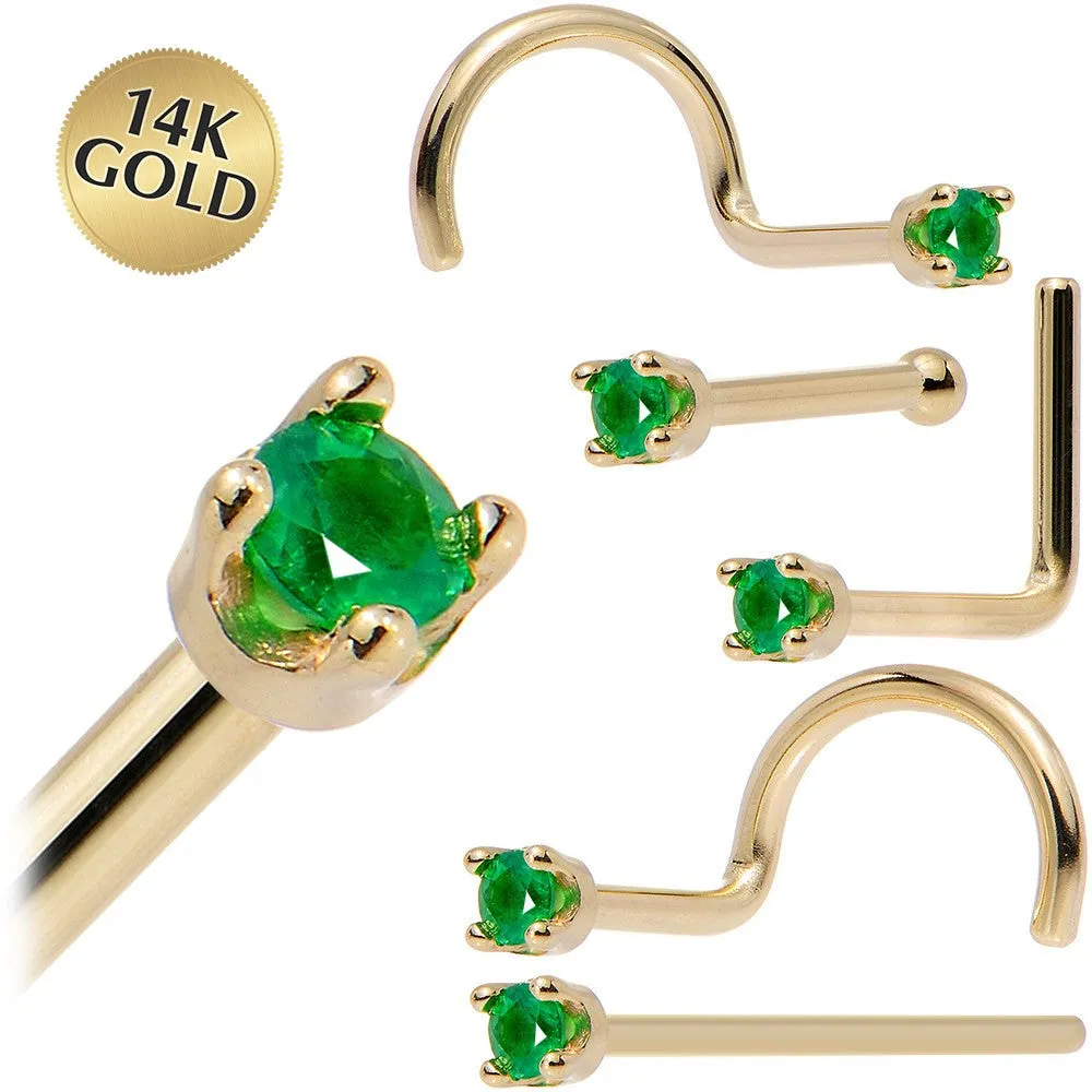 Solid 14KT Yellow Gold (May) 1.5mm Genuine Emerald Nose Ring